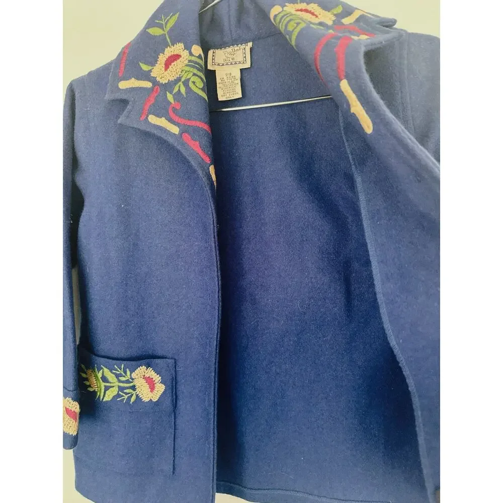 Vintage Girls Cornelloki Wool Blend Embroidered Jacket Size 7/8 Blue Floral Coat